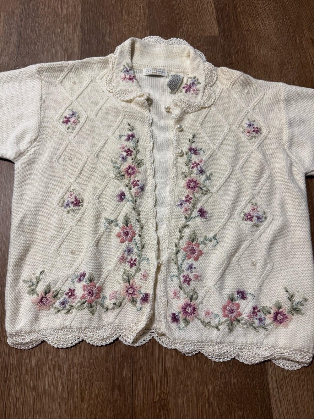 Yarnworks Vintage Short Sleeve Embroidered Cardigan Cottagecore Size Large